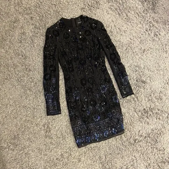 Needle & Thread Long Sleeve Lace Sequin Embellished Mini Dress Black Midnight 0